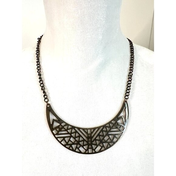 Geometric Brass-Tone Bib Necklace With Adjustable Chain & Lobster Clasp Closure - Picture 1 of 5